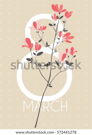 Happy International Women's Day and 8 march. greeting card with spring branch and small red flowers on the light retro background.