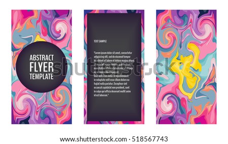 Flyer template set with marble texture backgrounds in bright colors. Colorful flyers with marble swirls. 80s style flyers. Vector illustration for your graphic design.