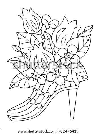 Outlined Doodle Anti Stress Coloring Book Page Shoe With Flowers For Adults And Children