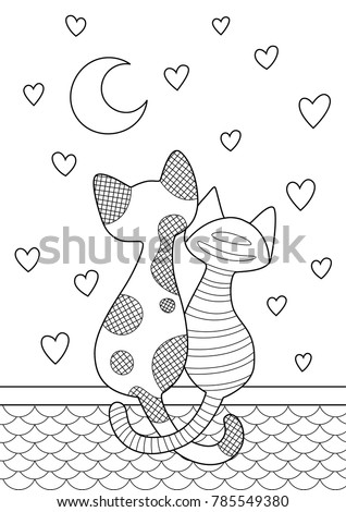 vector doodle coloring book page cats sitting on the roof and look at the moon on - Coloring Book Coloring Pages vector doodle coloring book page cats sitting on the roof and look at the moon on - Coloring Book Coloring Pages