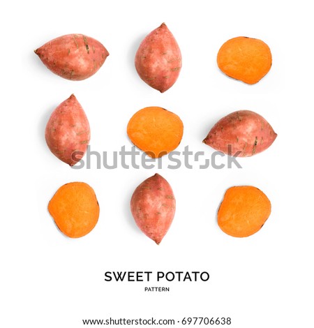 Seamless pattern with sweet potato. Vegetables abstract background. Sweet potato on the white background.
