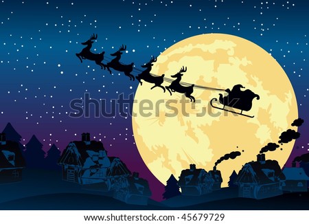 An image showing a silhouette of Santa Claus flying on his sleigh being pulled by his reindeer against a backdrop of full moon
