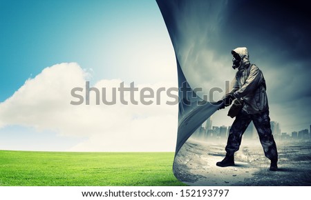 Image of man in gas mask turning page. Ecology concept