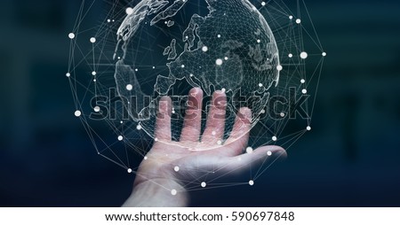 Businessman holding global network and data exchanges over the world 3D rendering
