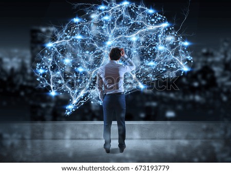 Businessman watching digital brain interface on a rooftop with a city view 3D rendering Businessman watching digital brain interface on a rooftop with a city view 3D rendering
