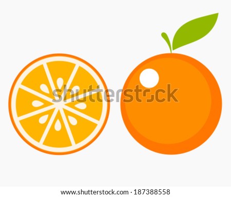 Orange fruit with leaf and slice. Vector illustration