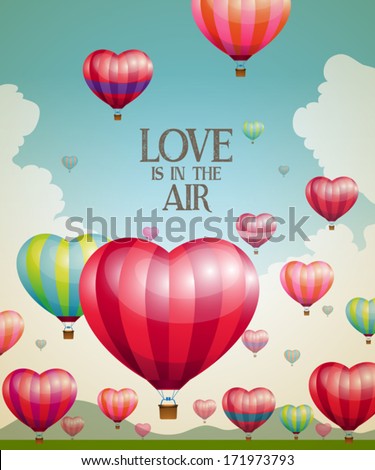 Heart-shaped hot air balloons taking off with a vintage effect