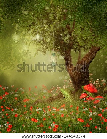 Magic Tree Lanterns On Poppy Meadow Stock Illustration 144543374 ...