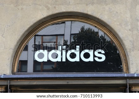 Prague, Czech Republic - August 27, 2017: Adidas logo. Adidas is a German multinational corporation, that designs and manufactures shoes, clothing and accessories.