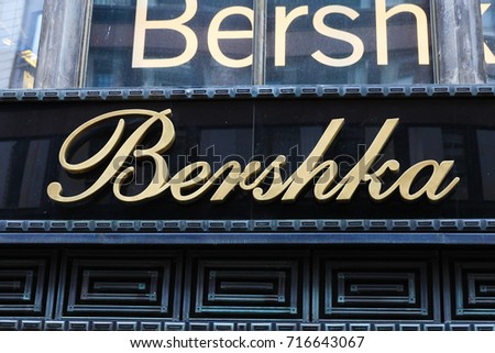 Budapest, Hungary, September 13, 2017: Bershka sign on a building. Bershka is a retailer and part of the Spanish Inditex group which also own the brands of Zara, Massimo Dutti, Pull&Bear and more