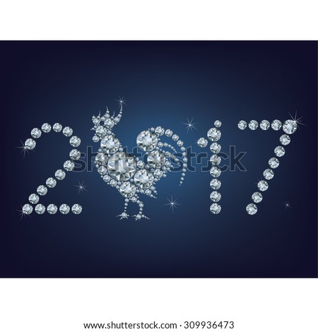 Happy new year 2017 creative greeting card with Rooster made up a lot of diamonds