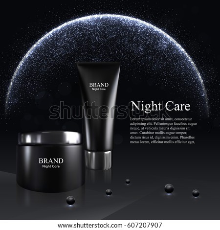Cream mask and skin toner bottles isolated on the black background with pearls. 3D Realistic vector illustration