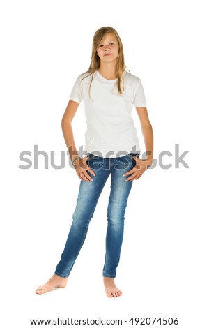 Young Girl Standing Barefoot White Tshirt Stock Photo 