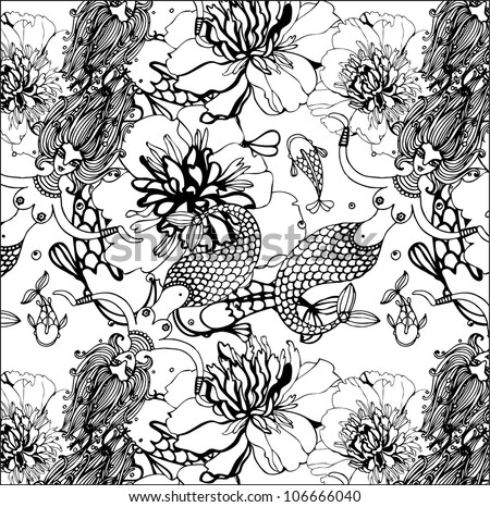 Black And White Seamless Background With Mermaids Flowers Fish Black And White Seamless Background With Mermaids Flowers Fish