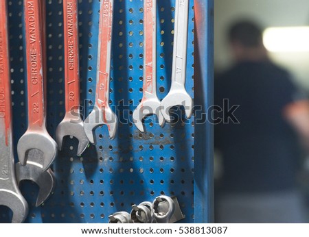 Car repair equipment in the tool box in car repair shop