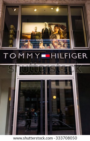 FRANKFURT,GERMANY-Oktober 24, 2015:Detail of the entrance to a Tommy Hilfiger store.Tommy Hilfiger is an American fashion,apparel, design, fragrance retail company, offering consumers low end products