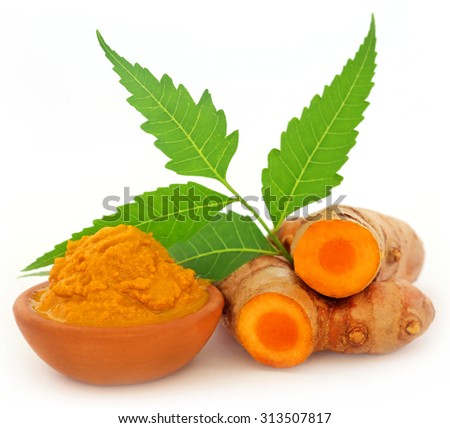 Turmeric with neem leaves over white background