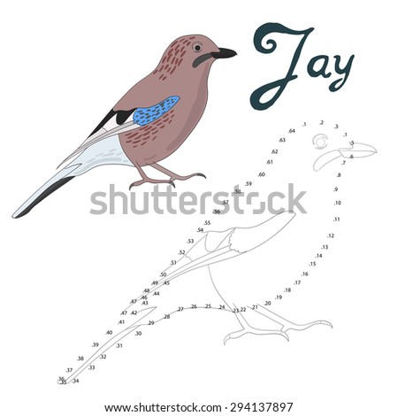 educational game connect the dots to draw jay bird vector illustration