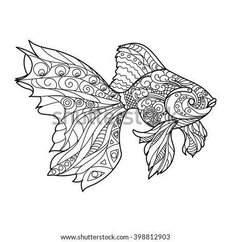 Gold fish coloring book for adults vector illustration. Anti-stress coloring for adult. Zentangle style. Black and white lines. Lace pattern
