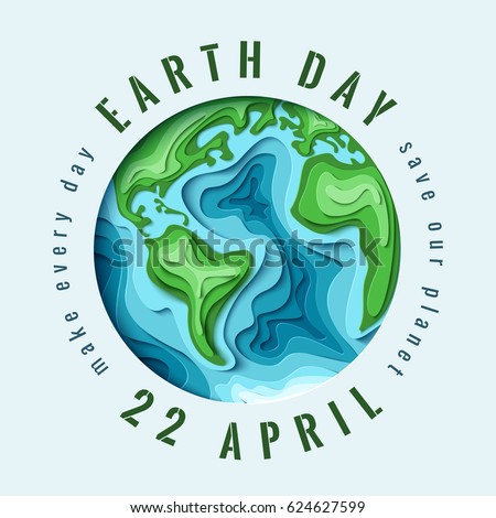 World Earth day concept. 3d paper cut eco friendly design. Vector illustration.  Paper carving Earth map shapes with shadow. Save the Earth concept. April 22