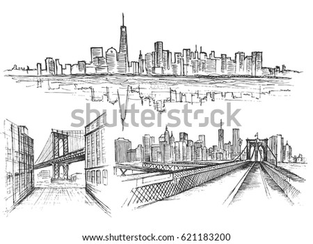 Pencil Drawing Landscape Set Skyscrapers Brooklyn Stock Illustration ...