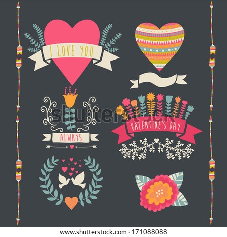 Valentine label set. Valentine`s Day emblems. Vector illustration. Vintage love collection.Laurel, wreath. flag. Tribal.