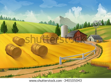 Farm, rural landscape vector background