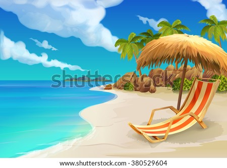 Tropical beach, lounge chair, vector background