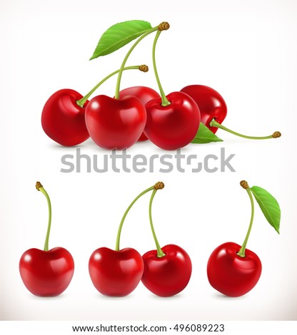 Cherry. Sweet fruit. 3d vector icons set. Realistic illustration