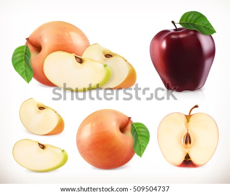 Apple. Whole and pieces. Sweet fruit. 3d vector icons set. Realistic illustration