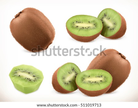 Kiwi fruit. Whole and pieces. Sweet fruit. 3d vector icons set. Realistic illustration