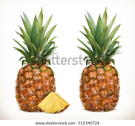Pineapple. Whole and pieces. Sweet fruit. 3d vector icons set. Realistic illustration