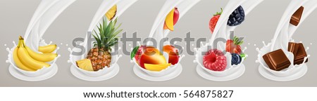 Fruit, berries and yogurt. Realistic illustration 3d vector icon set 3