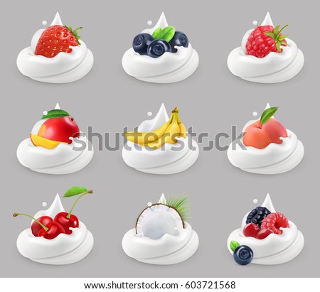 Whipped cream with fruits and berries, 3d vector icon set