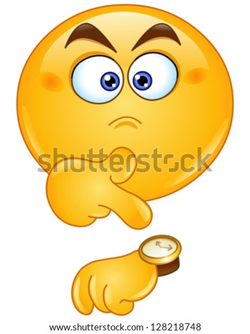 Emoticon pointing at watch - stock vector