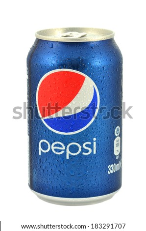 KWIDZYN, POLAND - MARCH 14, 2014: Can of Pepsi drink isolated on white. Pepsi is carbonated soft drink produced by PepsiCo. Pepsi was created and developed in 1893