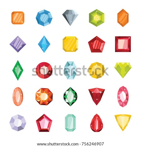 Cartoon flat gems jewels diamond brilliant vector set. Gemstone and crystal, precious glass elements isolated on white illustration