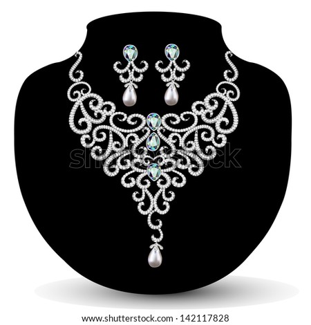 illustration necklace and earrings, wedding womens diamond - stock vector