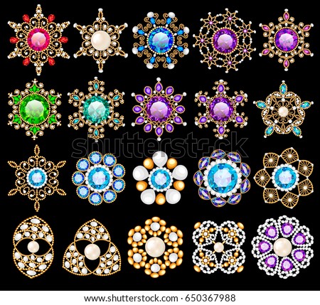 Illustration set of jewelry vintage pendants ornament made of beads of gold color and precious stones and pearls