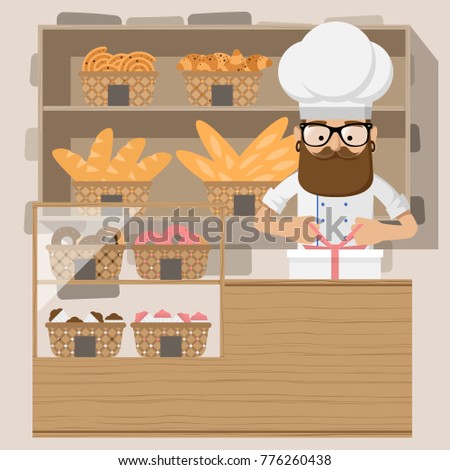 Friendly baker standing in front of shelf with pastry. Baker at bakery shop. Baker is tying bow-knot on the box with cakes. Vector flat design illustration. Square layout.