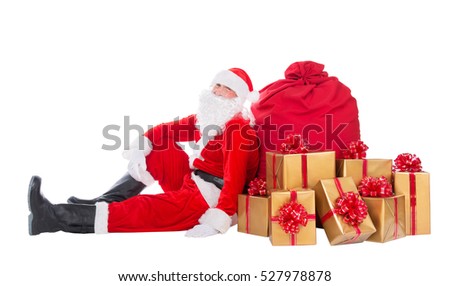 Santa Claus relax sitting near big red Christmas sack full of golden presents, gifts and surprises isolated on white background, New Year or xmas holiday concept
