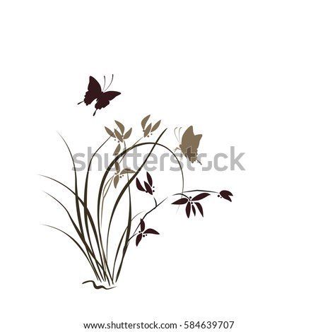 Hand drawn illustration with orchid and butterfly. Vector isolated on white.