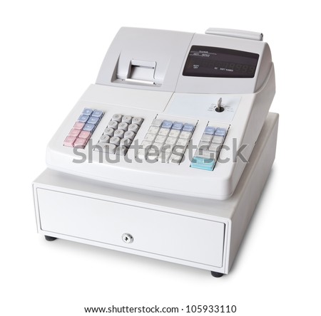 Cash register with LCD display. Isolated on white background