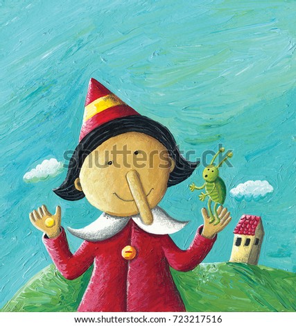 Acrylic illustration of Pinocchio with Cricket and gold coin in hands