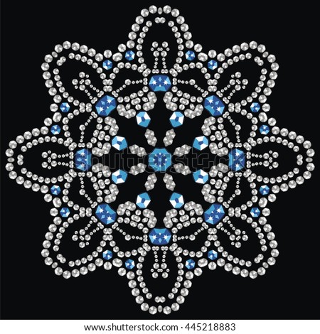 Christmas snowflake crystal precious. Beautiful jewelry, medallion, brooch, decoration on neck, mandala, frame. Fashion pattern brilliant stones, silver applique rhinestones, jeweler - stock vector