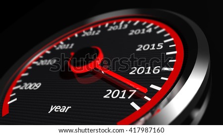 3D rendering of speedometer with 2017 closeup, on black background.