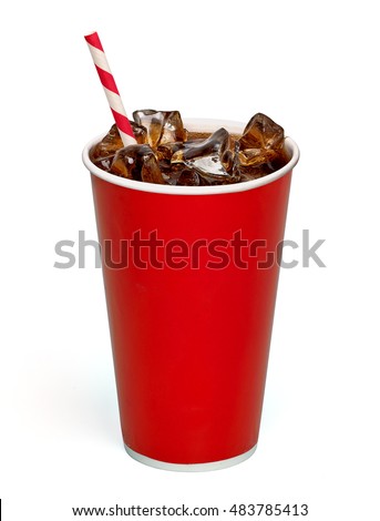 Iced cola with straw in blank paper cup on white background including clipping path