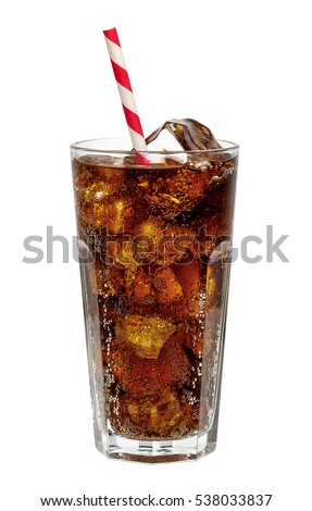 Cola in glass with straw and ice cubes isolated on white background including clipping path.