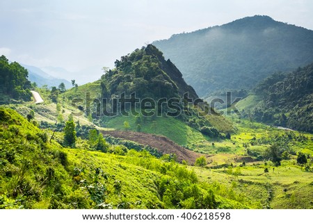Mountainous landscape along Ho Chi Minh Highway West near Khe Sanh, Da Krong District, Quang Tri Province, Vietnam