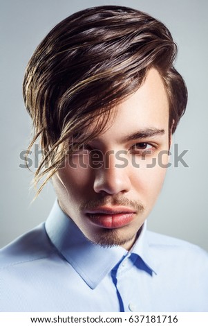 Portrait Young Man Long Fringe Hairstyle Stock Photo 